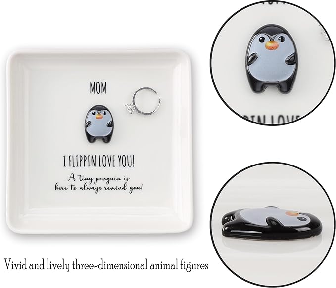 HOME SMILE Birtday Gifts for Mom from Daughter Son,Penguin Ring Dish Jewelry Tray-I Flipping Love Yo-Mother Gift for Christmas Mother Day Mama Mother in Law Bonus Mom
