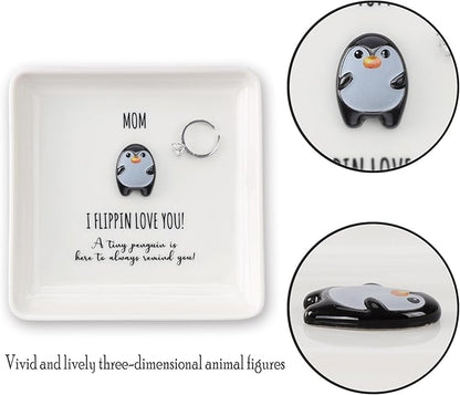 HOME SMILE Birtday Gifts for Mom from Daughter Son,Penguin Ring Dish Jewelry Tray-I Flipping Love Yo-Mother Gift for Christmas Mother Day Mama Mother in Law Bonus Mom