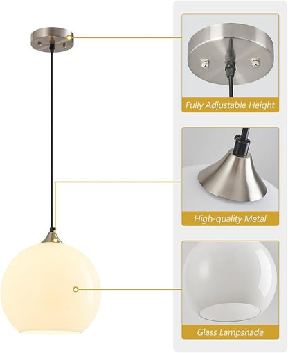 Milky Luster Glass Pendant Lights Kitchen Island Globe Pendant Light Fixtures Modern Pendant Lighting for Bedroom Living Dining Room Light Fixture (9.84 in, 2 Pack)