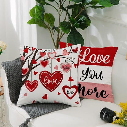 GEEORY Valentine's Day Throw Pillow Covers 20x20 Inch Set of 4, Valentines Red Hearts Love You More Decorative Farmhouse Holiday Cushion Case for Home Decoration G443-20