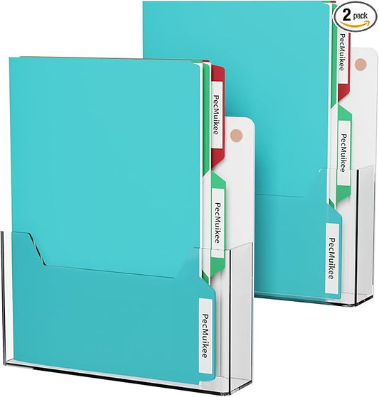 PecMuikee Wall File Organizer, Vertical Acrylic Mail Magazine Holder Wall Mount, 4 Colors of Screw Caps Included Hanging File Organizer for School, Office, Hospital, 2 Pcs