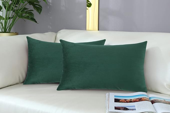 mixeoo Comfy Hunter Green Throw Pillow Covers Decorative Rectangle Solid Thick Velvet Super Soft Cushion Cases Home Decor for Sofa Couch Living Room Chair, Set of 2, 12 x 20 Inch