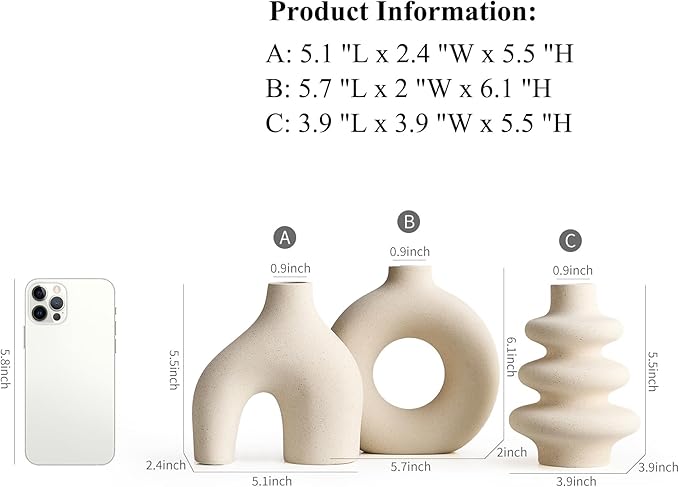 White Ceramic Vase Set of 3, Small Flower Vases for Pampas Grass, Modern Boho Vase for Decor, Round White Vases Centerpieces for Wedding Living Room Bedroom Coffee Table Dinner Table
