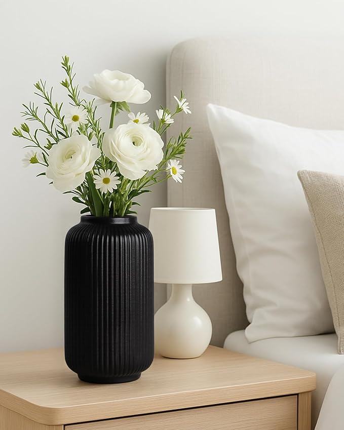 Matte Black Ceramic Flower Vase, 8 Inch Ribbed Vase for Pampas Grass, Fresh or Dried Flowers, Decorative Centerpiece for Living Room, Kitchen, Bookshelf, Office Decor