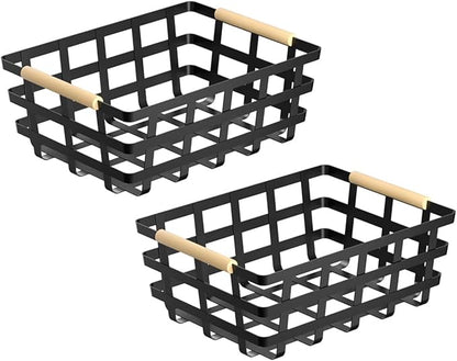 Farmhouse Baskets Wood Handle Pantry Organizer, Metal Bins for Kitchen Shelf Cabinets, Matte Black, 2 Pack
