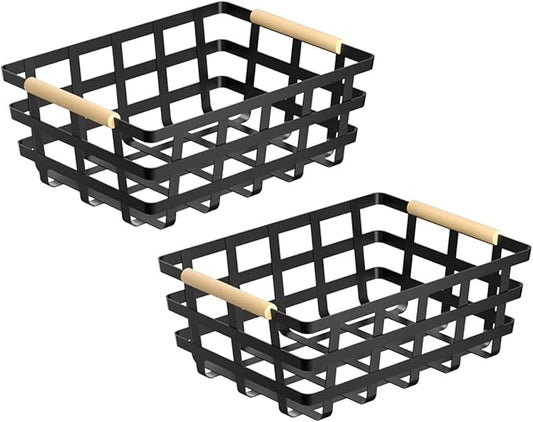 Farmhouse Baskets Wood Handle Pantry Organizer, Metal Bins for Kitchen Shelf Cabinets, Matte Black, 2 Pack