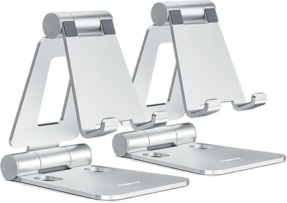 Nulaxy 2 Pack Dual Folding Cell Phone Stand, Fully Adjustable Foldable Desktop Phone Holder Cradle Dock Compatible with iPhone 17 16 15 14 13 12 Pro Max Xs Xr, All Phones, Silver