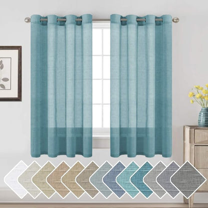 Window Treatments Linen Curtain Panels Open Weave - Natural Linen Blended Sheer Curtains with Nickel Grommet for Living Room, Privacy Assured (Turquoise, 52"W x 63"L, Set of 2)