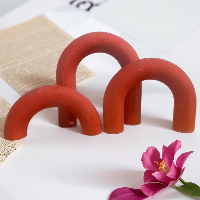 3Pcs Wood Arch Decor Accents - Home Book Table Decorative Rustic Arch Decor Modern Boho Minimalist Coffee Table Bookshelf Living Room Entryway Aesthetic Decorations Objects (Red)