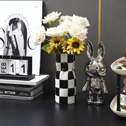Ceramic Modern Checker Vase for Home Decor, Aesthetic Decoration for Livng Room, Bedroom, Kitchen, Minimalism Abstract Flower Vase Boho Chi, Wabi-Sabi, Hand-Pinched Pottery