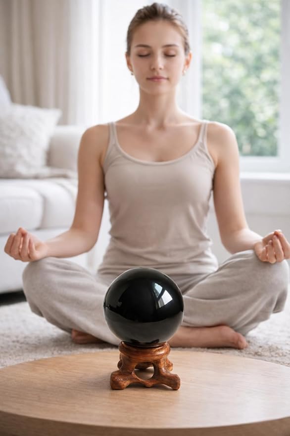 Mina Heal Black Obsidian Crystal Ball for Meditation, Feng Shui, Crystal Healing, and Scrying – Authentic Natural Obsidian Sphere for Energy Work
