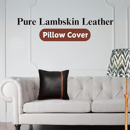 Genuine Lambskin Leather Pillow Cover, 18x18 Inch Case for Lumbar Throw Couch Pillows, Thick & Soft Cushion Covers for Sofa Bed Home Décor (Black & Tan Box Pack of 1)