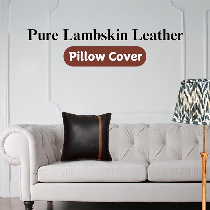 Genuine Lambskin Leather Pillow Cover, 14x14 Inch Case for Lumbar Throw Couch Pillows, Thick & Soft Cushion Covers for Sofa Bed Home Décor (Black & Tan Box Pack of 2)