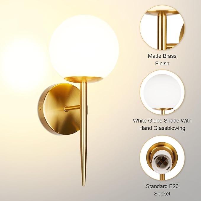 Modern Gold Globe Wall Sconce Decor Set of 2, Industrial Mid Century Bathroom Vanity Wall Light with White Globe Glass Shade Brushed Brass Wall Lamp for Restaurant Living Room Bedside Stairs