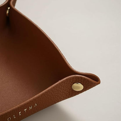 OLETHA Small Foldable Valet Tray - Aesthetic Desk Organizer for Home, Office & Travel - Portable Catch All Bowl for Keys, Jewelry & Essentials - Brown