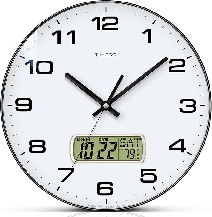 Wall Clock, 10" Dial Non-Ticking Silent Battery Operated Analog with LCD Display for Perpetual Calendar and F° Temperature, Ideal Modern Home, Bedroom, Kitchen, Office Decor (Black)