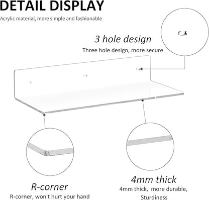 Sezanrpt 15 Inches Clear Acrylic Shelves, Wall Mounted Shelves for Bedroom, Wall Display Shelves for Collectibles, Funko Pop, Speaker, Plants, 2 Pack