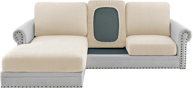 H.VERSAILTEX Super Stretch Individual Jacquard Couch Cushion Covers Furniture Protector Spandex Anti-Slip Soft Thickened Slipcovers Easy Install, (1 PC, Chaise Couch Cover, Ivory)