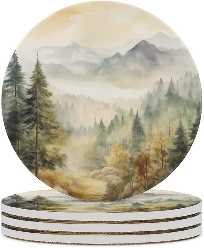 Forest Drink Coasters, Round Ceramic Drink Coaster Round-4PCS, Watercolor Mountain Forest Nature Tree Woodland Decor Absorbent Ceramic Coasters for Beverage Cup, Bar, Coffee Table