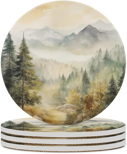 Forest Drink Coasters, Round Ceramic Drink Coaster Round-4PCS, Watercolor Mountain Forest Nature Tree Woodland Decor Absorbent Ceramic Coasters for Beverage Cup, Bar, Coffee Table