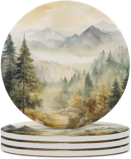 Forest Drink Coasters, Round Ceramic Drink Coaster Round-4PCS, Watercolor Mountain Forest Nature Tree Woodland Decor Absorbent Ceramic Coasters for Beverage Cup, Bar, Coffee Table
