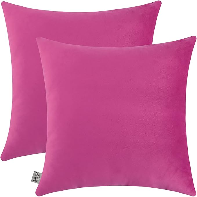 mixeoo Comfy Hot Pink Throw Pillow Covers Decorative Square Solid Thick Velvet Super Soft Cushion Cases Home Decor for Sofa Couch Living Room Chair, Set of 2, 18 x 18 Inch
