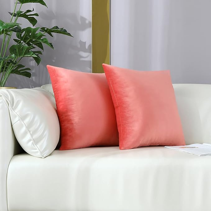 mixeoo Comfy Salmon Pink Throw Pillow Covers Decorative Square Solid Velvet Super Soft Cushion Cases Home Decor for Sofa Couch Living Room, Set of 2, 16 x 16 Inch