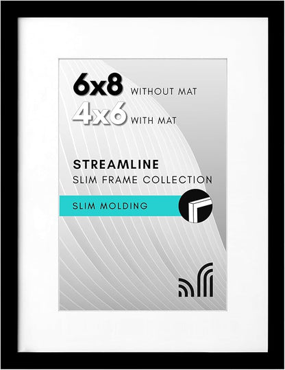 Americanflat 6x8 Picture Frame with Shatter-Resistant Glass - Use as 4x6 Frame with Mat or Display 6x8 Photo Without Mat - Streamline Collection - Picture Frames for Tabletop and Wall - Black