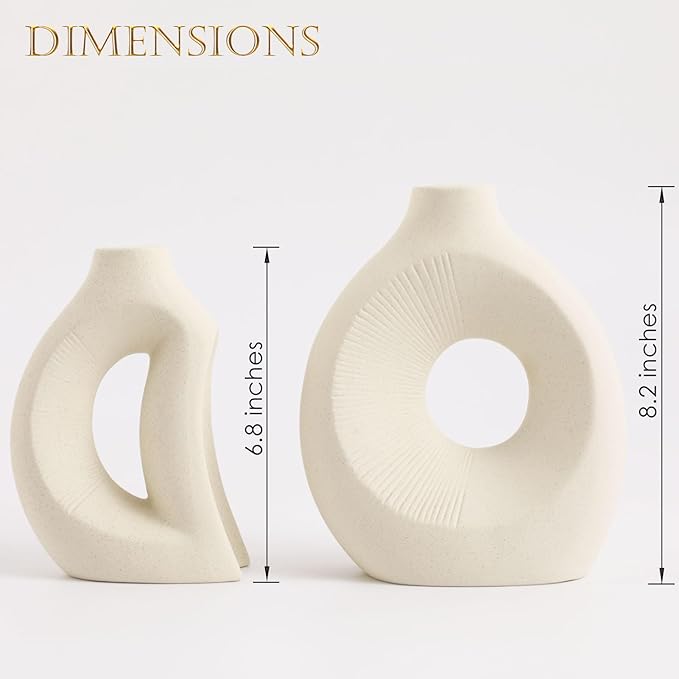 Ceramic Vase Set of 2 - Handcrafted Ceramic Vases for Home Decor & Shelf - Modern Farmhouse Decor for Kitchen, Office, Bedroom & Living Room Decorative Objects for Mantel, Table Centerpieces