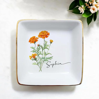 Personalized Birth Flower Ring Dish, Custom Floral Name Jewelry Dish, Trinket Tray for Women Bridesmaid Friends Sisters Fiance Bestie Gift For Birthday, Wedding, Engagement