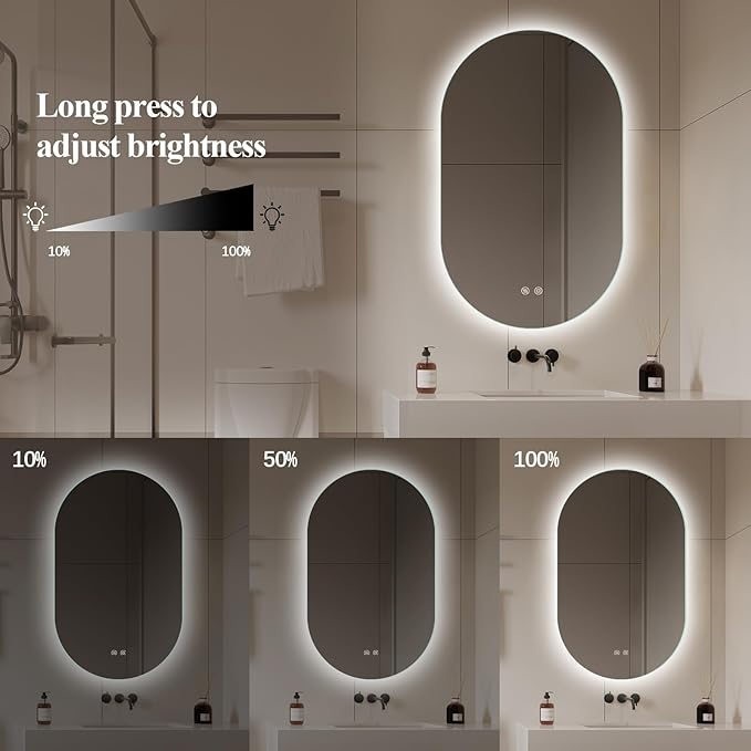 Niccy Oval LED Bathroom Vanity Mirror, 32x20inch Frameless Backlit Mirror with Light, Smart Anti-Fog Waterproof Mirror with Memory Function Dimmable Lighted Mirror