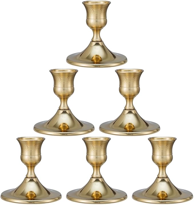 Taper Candle Stick Holder, 6PCS Brass Gold Candle Holders for Candlesticks, Vintage Metal Candlestick Holders for Dinner Room Table Centerpiece or Mantel Wedding Party Decor (6, Gold)