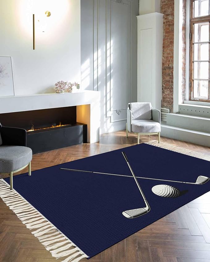 Navy Blue Large Runner Rug 4X6 Ft Living Room Area Rug, Washable Woven Sports Golf Ball Throw Carpet with Tassel, Non-Shedding Modern Minimalist Art Bedroom Office Carpets