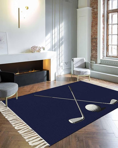 Navy Blue Large Runner Rug 4X6 Ft Living Room Area Rug, Washable Woven Sports Golf Ball Throw Carpet with Tassel, Non-Shedding Modern Minimalist Art Bedroom Office Carpets
