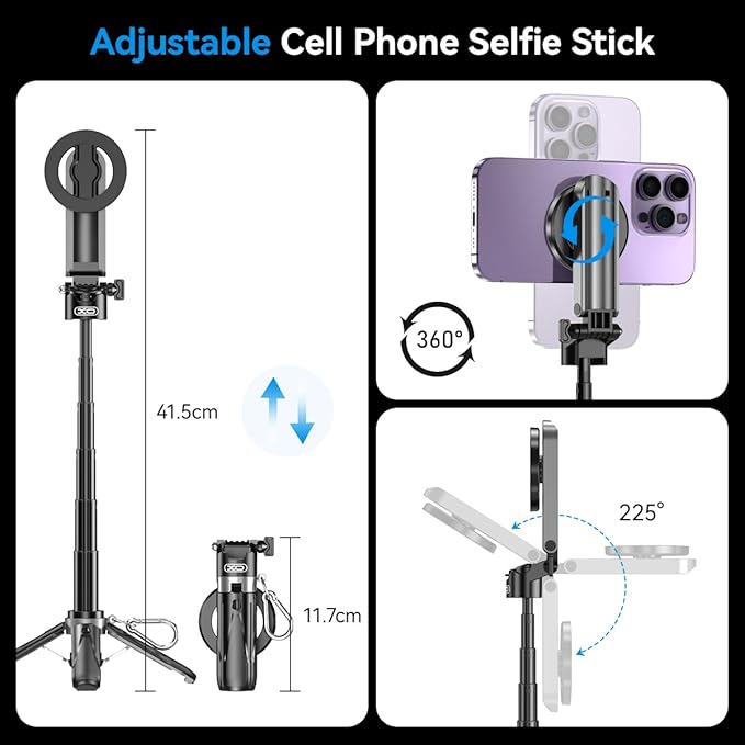 Magnetic Tripod for iPhone with Remote Control,4-in-1 Portable Selfie Stick with Extendable Stand,Phone Travel Tripod for Phone 17 16 15 14 13 12 Pro Max Mini