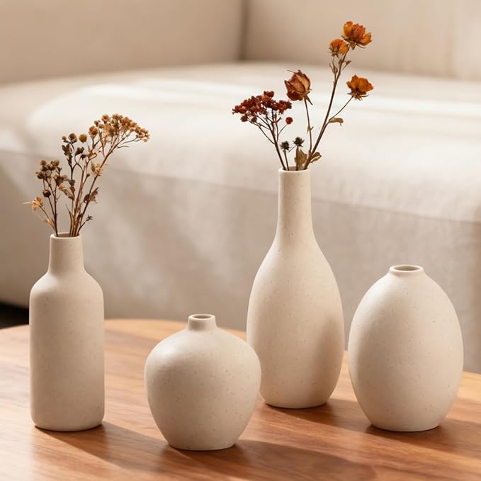 Beige Ceramic Vase Set of 4,Modern Farmhouse Decorative Vases for Entryway Mantel Centerpiece Bookshelf Console Table