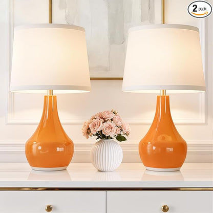 Seealle Modern Ceramic Table Lamps for Night Stands - Bedside Lamps Set of 2 for Nightstand,Orange Bedroom Lamp for Living Room Cute Desk End Table Office Guest Room Dresser Rocker Swtich