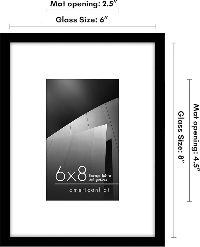 Americanflat 6x8 Picture Frame with Shatter-Resistant Glass - Use as 3x5 Frame with Mat or Display 6x8 Photo Without Mat - Streamline Collection - Picture Frames for Tabletop and Wall - Black