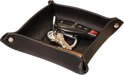 Valet Tray – Full-Grain Leather Catchall Organizer for Keys, Phone & Wallet – Rustic Nightstand & Desk Tray with Raised Sides – Handmade in USA (Black, Small Square)
