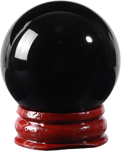 40mm Natural Black Obsidian Stone Sphere with Wooden Stand, Polished Crystal Ball Decoration for Home & Office