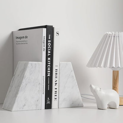 Luxury Marble Bookends for Shelves, 11LB Heavy Duty Marble Book Ends for Heavy Books, Stone Bookends Decorative, Polished, Carrara White Triangular, Set of 2