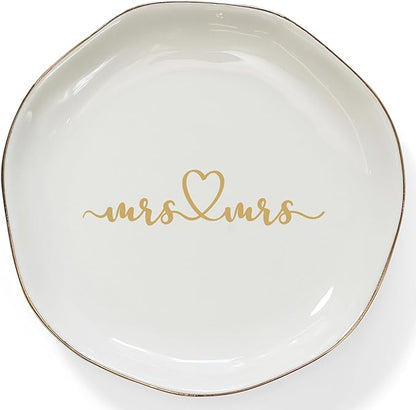HOME SMILE Mrs and Mrs Gifts，Wedding Gifts for Couples,Ring Dish,Ceramic White