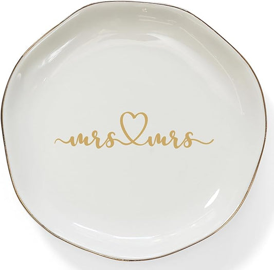 HOME SMILE Mrs and Mrs Gifts，Wedding Gifts for Couples,Ring Dish,Ceramic White