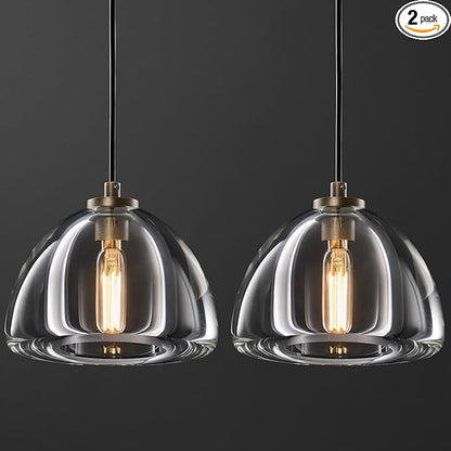 Aged Brass Crystal Pendant Light: Set of 2 Dimmable Antique Copper Hanging Pendant Light Fixtures over Kitchen Island -7" Modern Luxury Vintage Dining Room Pendants Lighting 3000k E12 Bulb Included