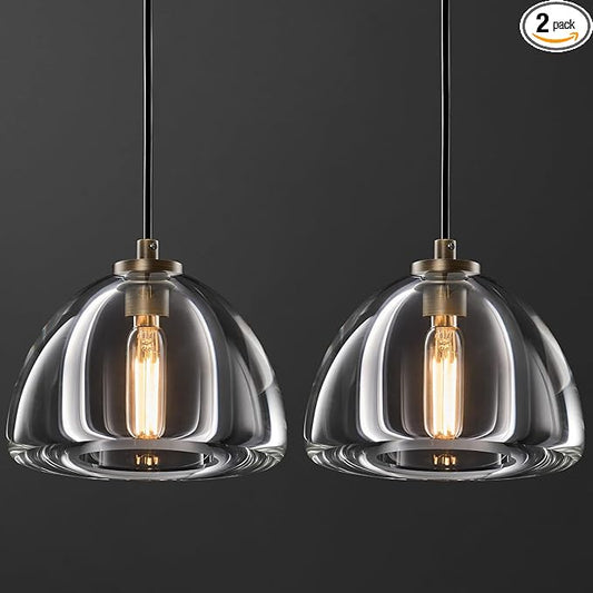 Aged Brass Crystal Pendant Light: Set of 2 Dimmable Antique Copper Hanging Pendant Light Fixtures over Kitchen Island -7" Modern Luxury Vintage Dining Room Pendants Lighting 3000k E12 Bulb Included