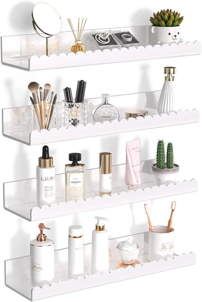 Acrylic Floating Shelves, 4 Pack 12 Inch Glossy White Scalloped Edge Wall Mounted Floating Shelves, Invisible Bathroom Shelf, Adjustable Pop Book CD Shelf for Home Deco (White Scalloped Edge 4 Pack)