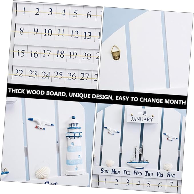 Wall Mounted Wooden Perpetual Calendar in Mediterranean Style, Material Removable Blocks, Home Decor for Office, School, Shop, White
