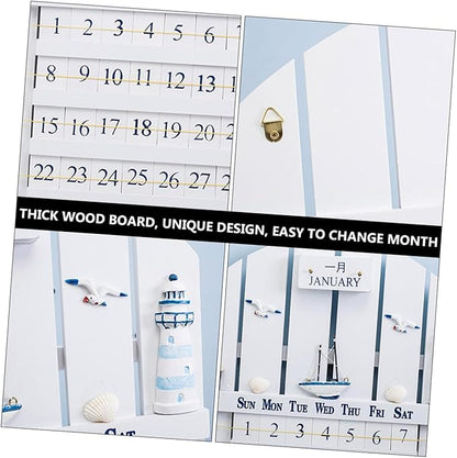 Wall Mounted Wooden Perpetual Calendar in Mediterranean Style, Material Removable Blocks, Home Decor for Office, School, Shop, White
