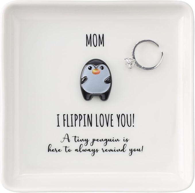 HOME SMILE Birtday Gifts for Mom from Daughter Son,Penguin Ring Dish Jewelry Tray-I Flipping Love Yo-Mother Gift for Christmas Mother Day Mama Mother in Law Bonus Mom