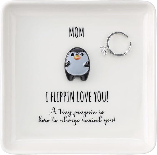 HOME SMILE Birtday Gifts for Mom from Daughter Son,Penguin Ring Dish Jewelry Tray-I Flipping Love Yo-Mother Gift for Christmas Mother Day Mama Mother in Law Bonus Mom